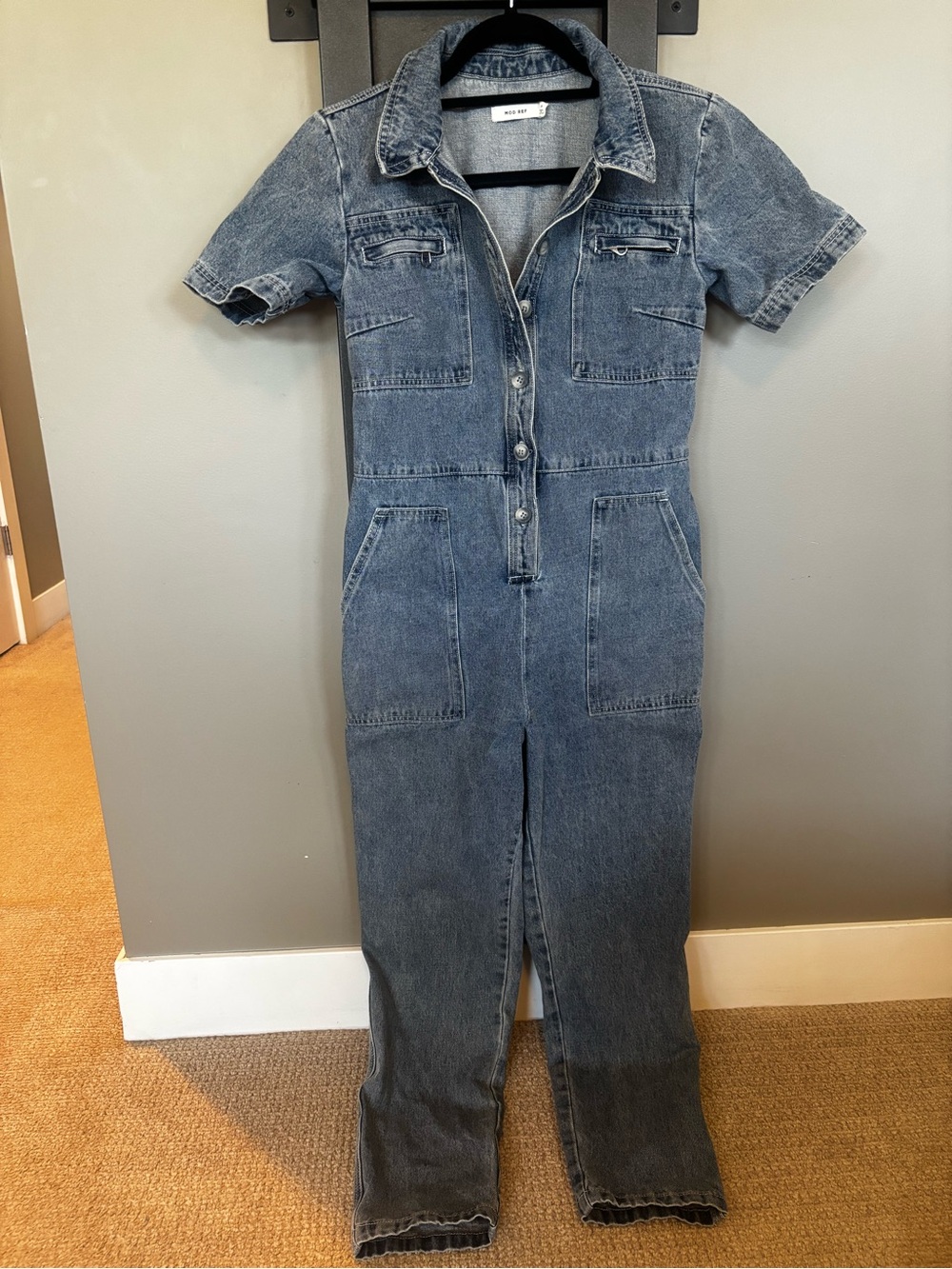 MOD REF Denim Utility Jumpsuit Small Blue Short Sleeve Button Front Pockets
